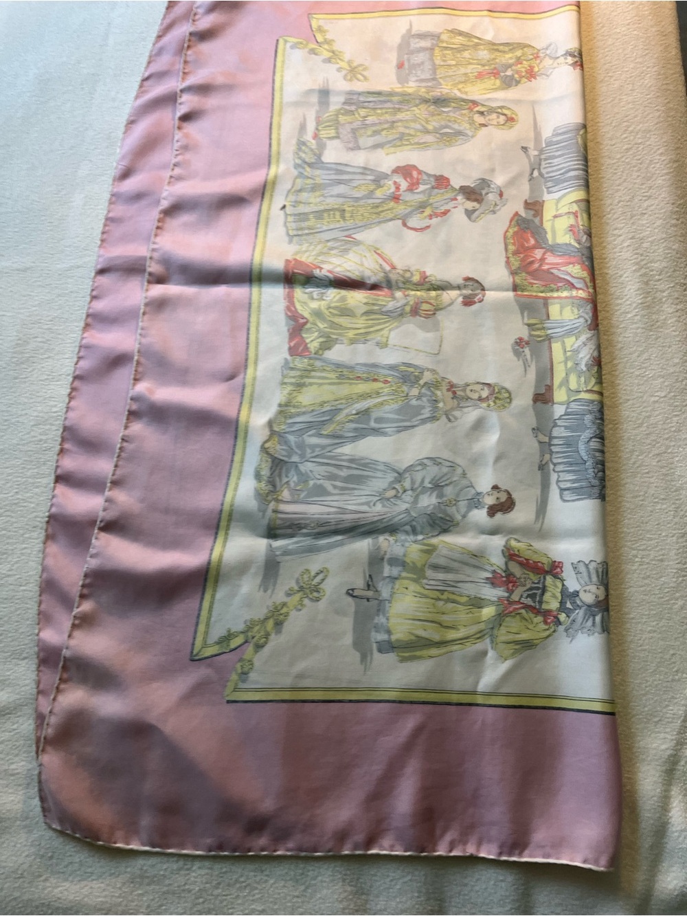 Hermès 'Costumes de Dames' Silk Scarf in Pink, Yellow, Gray - Picture 10 of 13